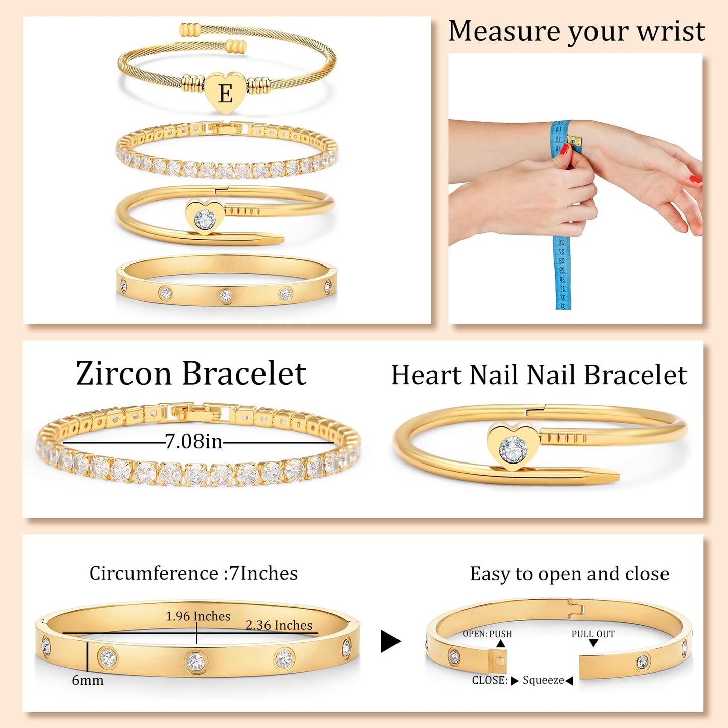 MEIERYA18K Gold Plated Nail love Bangle Bracelet Set for Women,Cubic Zirconia,Adjustable tennis bracelet Trendy Gift Jewelry for Mother's Day Anniversary (05-Style-E)