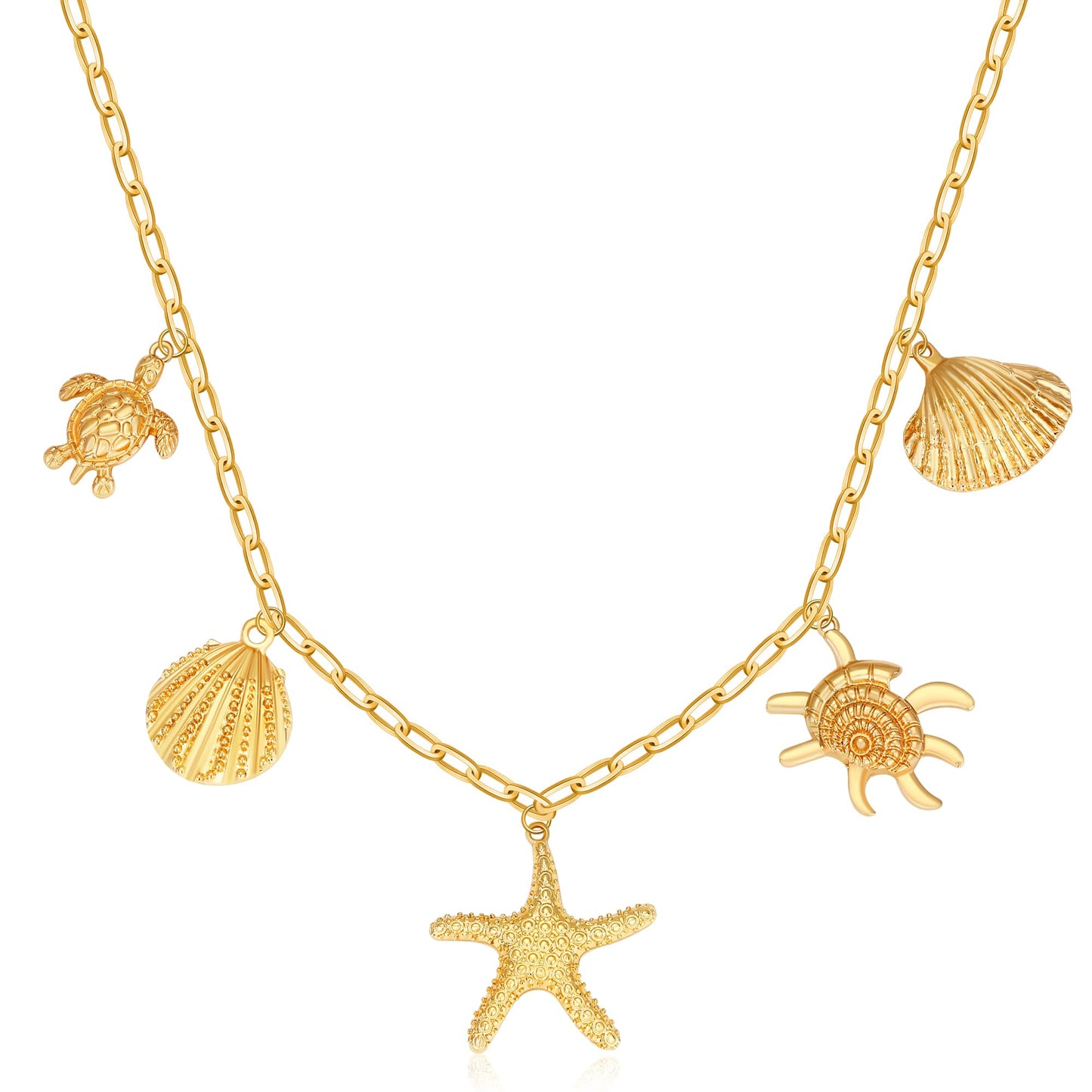MISS RIGHT Charm Necklace for Women, Chunky Gold Starfish Seashell Shell Conch Turtle Charms Pendant Necklace Paperclip Chain Summer Beach Choker Necklace Jewelry Gifts