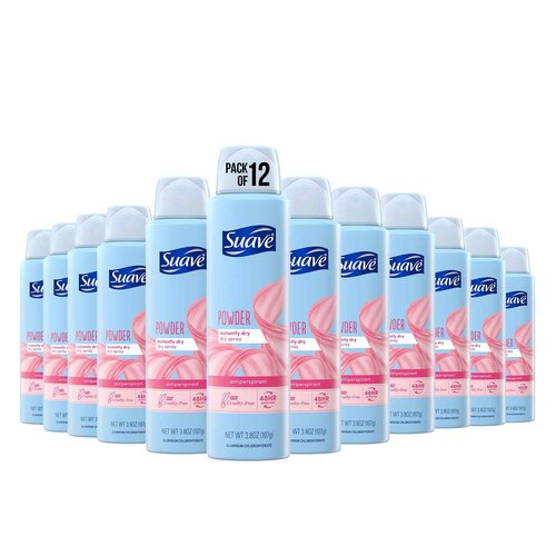 Suave Dry Spray Antiperspirant Deodorant For Quick and Easy Sweat Protection Powder Fresh 48 hour Protection 3.8 OZ, 12 Count