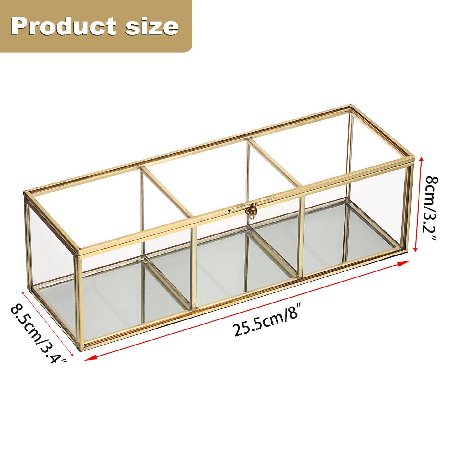 JUXYES Clear Glass Watch Display Case with 3 Slots, Luxury Brass Glass Watch Organizer Holder Stand with White Watch Pillow, Modern Transparent Watch Collection Box for Men and Women, Gold