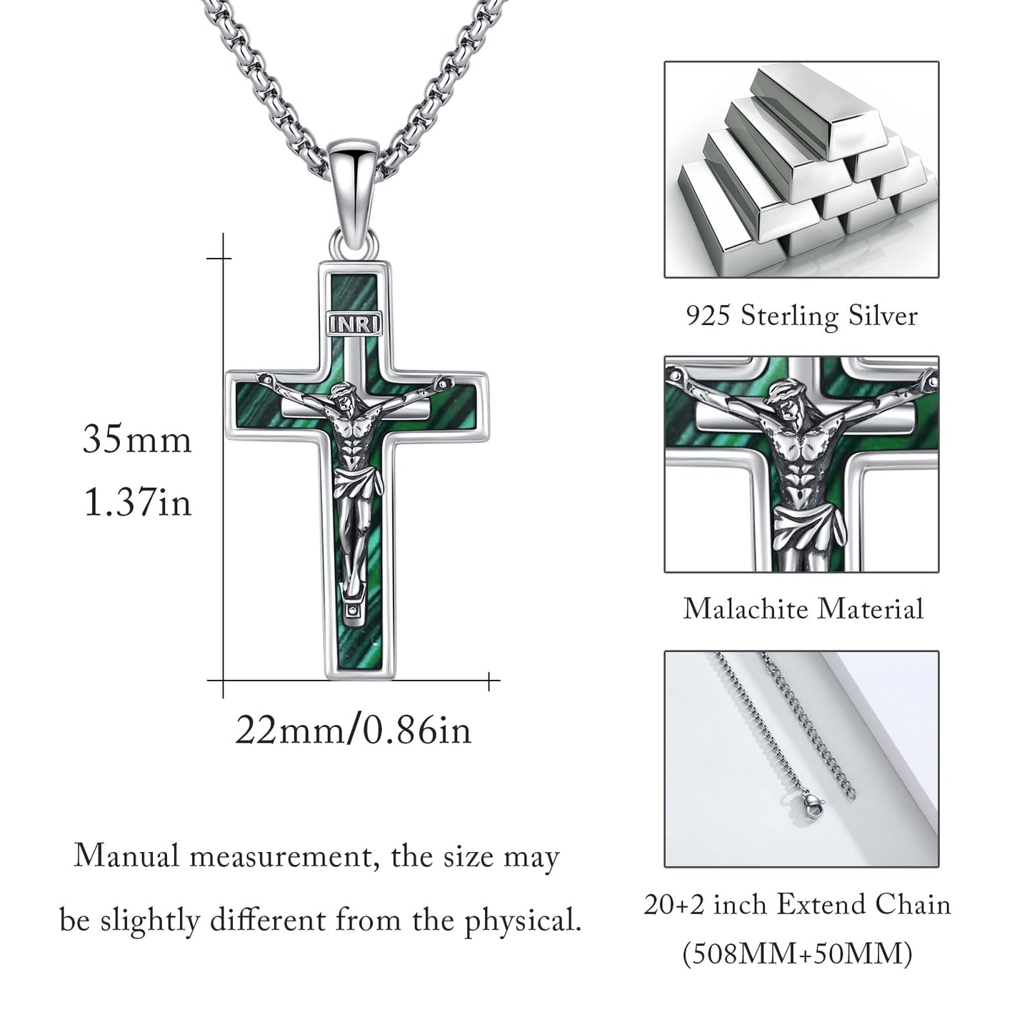 YEESIA Cross Necklace for Women Men 925 Sterling Silver Jesus Crucifix Pendant Necklace with Malachite Cross Jewelry Gift for Women Men