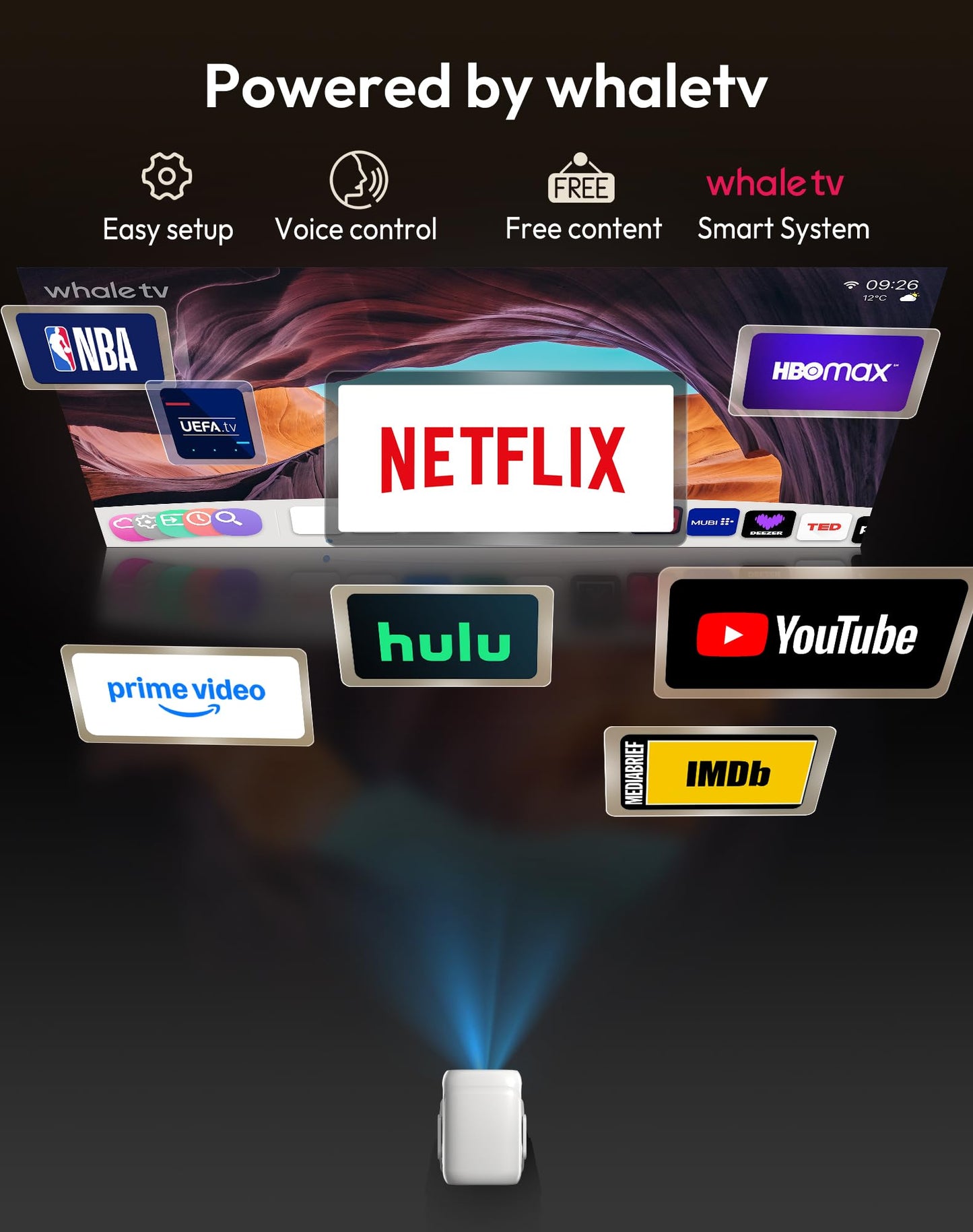 Xgody Gimbal N5 Compatible with Netflix & Auto Focus Keystone Smart Mini Projector with WiFi6 and Bluetooth, Portable Projector Native 1080P & Voice Controlled, 4K Home Movie Projector, White