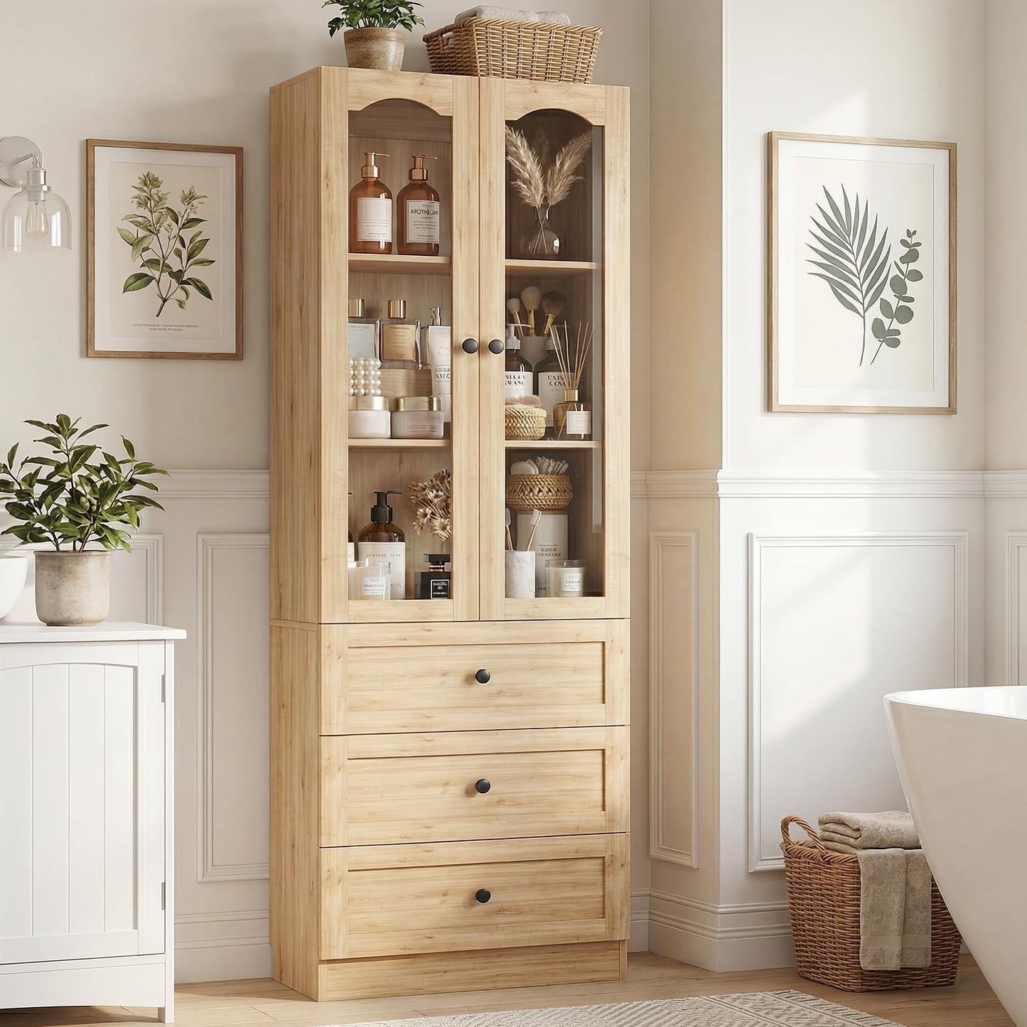 Cyclysio 80" Tall Pantry Cabinet for Kitchen Storage, Natural Oak Pantry Cabinet with Glass Doors & 3 Drawers - Freestanding Storage Bookcase with Built-in Baseboard Notch for Dining, Living Room