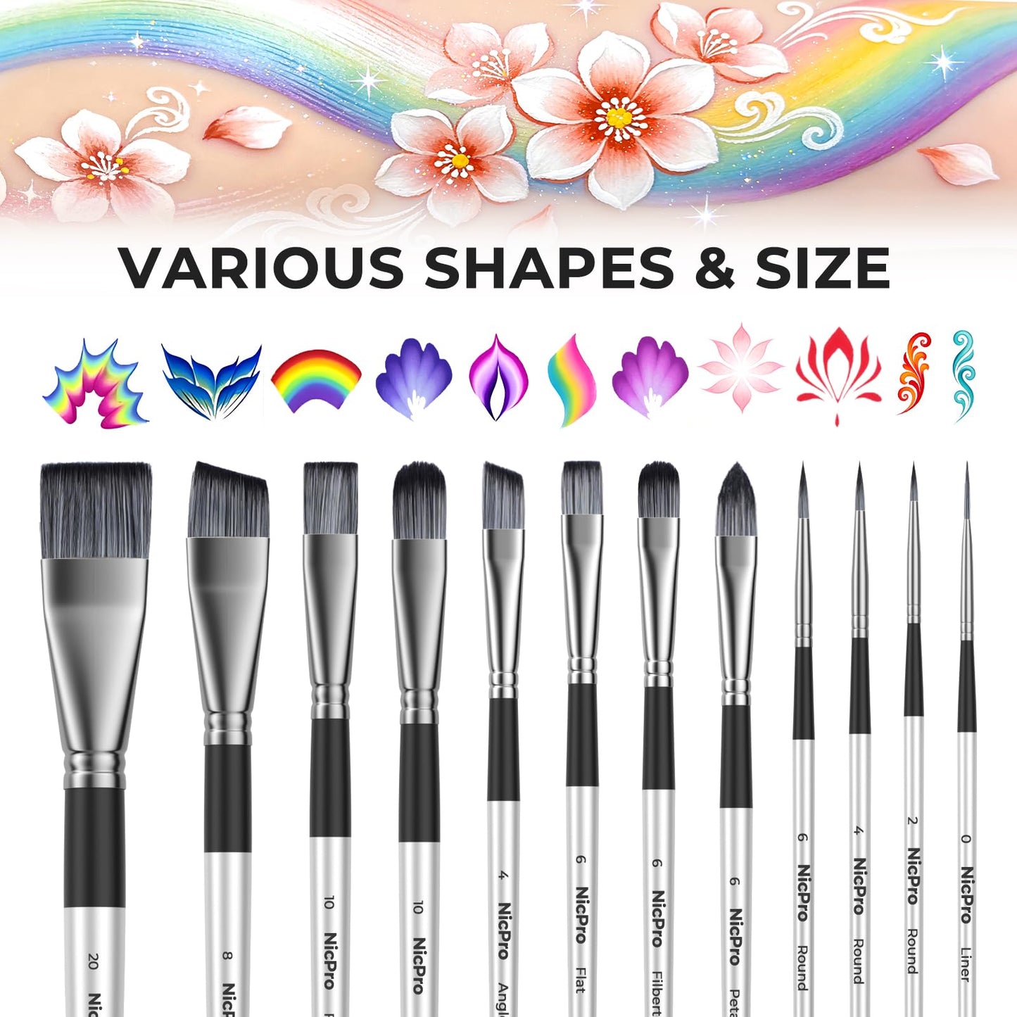 Nicpro 12pcs Face Paint Brushes Set with 9 Sponges Set, Professional Paint Brushes for Face Painting, Body Makeup, Acrylic Watercolor Oil Halloween Cosplay Party, Portable Storage Case Included