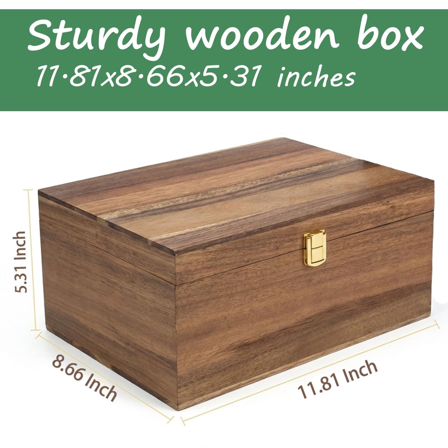 LuckyZoo77 Wooden Keepsake Box with Hinged Lid, Solid Acacia Wood Storage Box with Golden Latch, Large Memory Treasure Box for Photos, Jewelry, Letters & Gifts, 11.8” x 8.66” x 5.31”