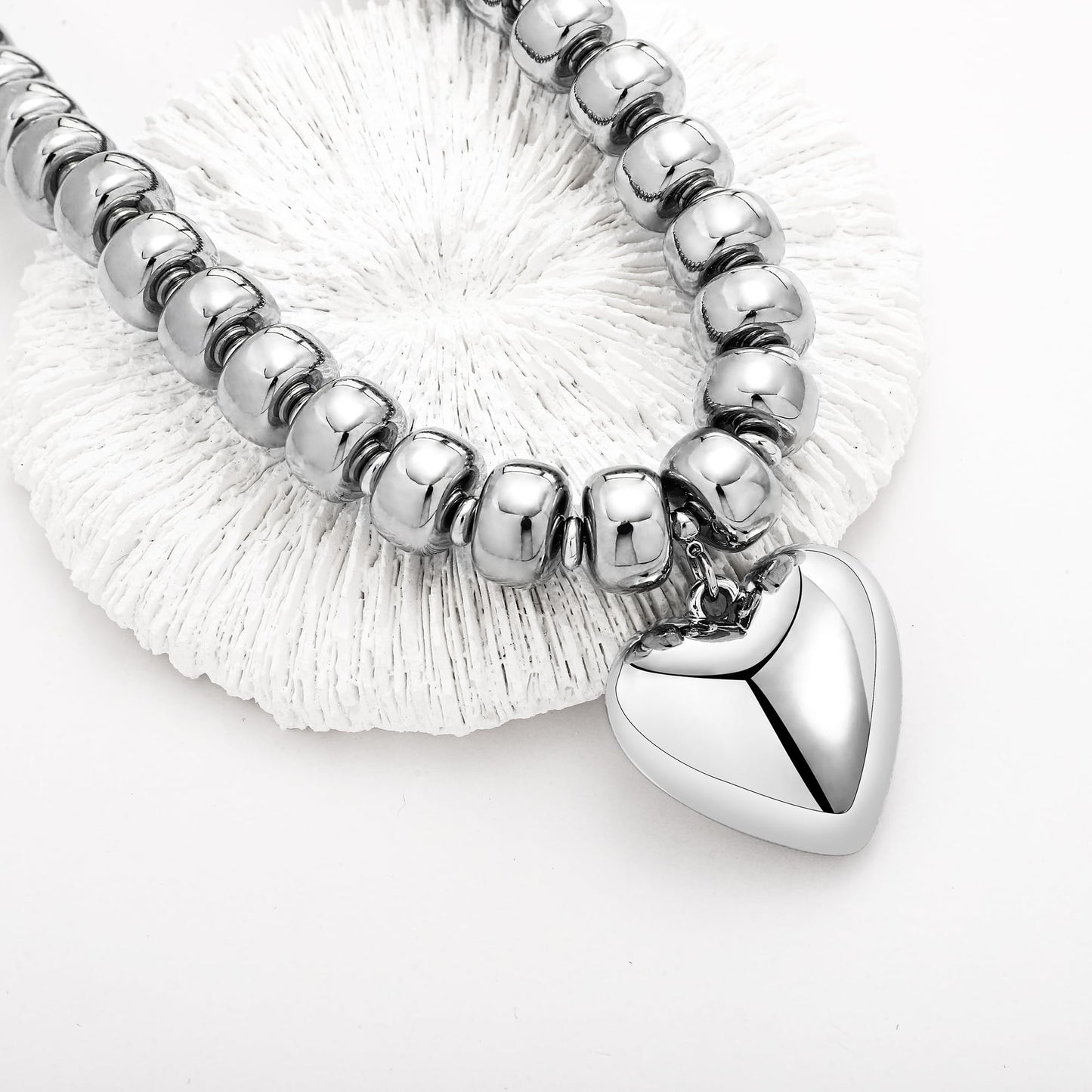 ENSKEFEN Silver Puffy Heart Pendant Necklaces for Women Chunky White-Gold Plated Acrylic Beaded Necklace Adjustable Statement Choker Necklace Fashion Jewelry