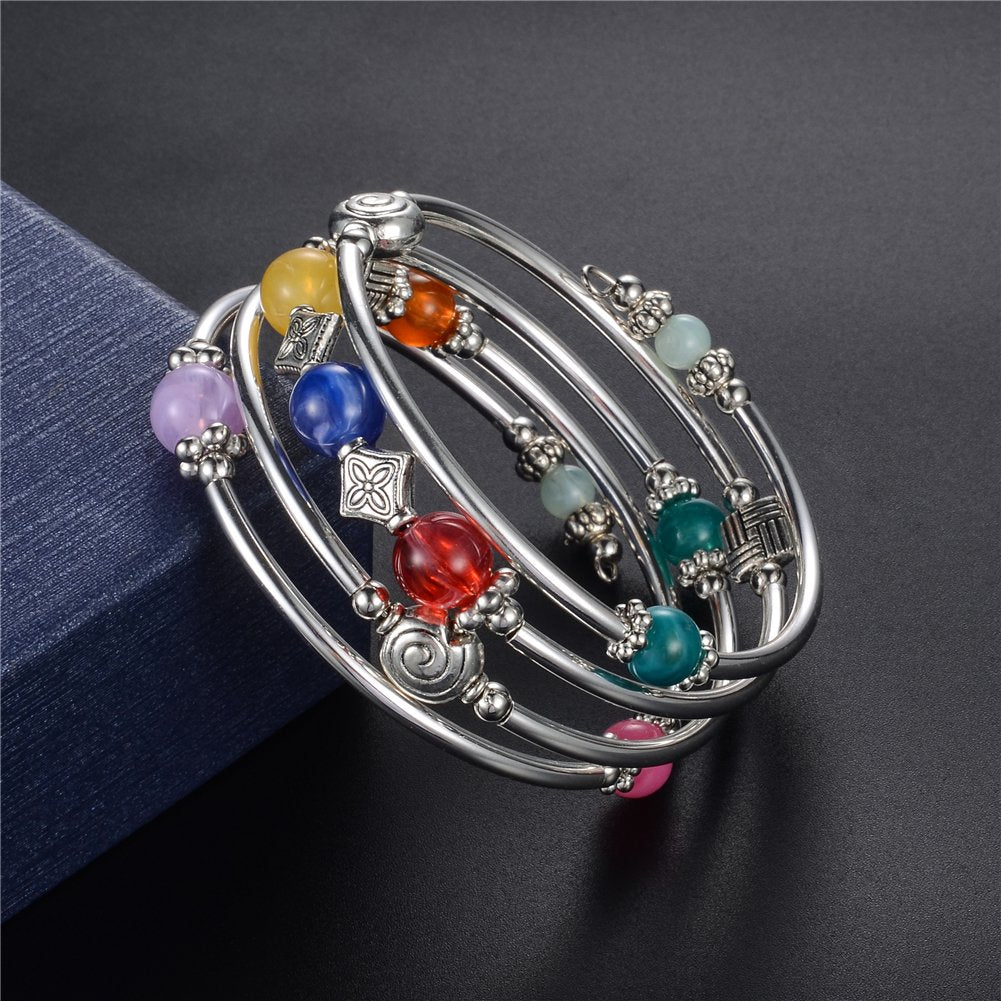 Beaded Pearl Bangle Wrap Bracelet - Fashion Bohemian Jewelry Multilayer Charm Bracelet with Thick Silver Metal Beads, Gift For Women(Colorful)