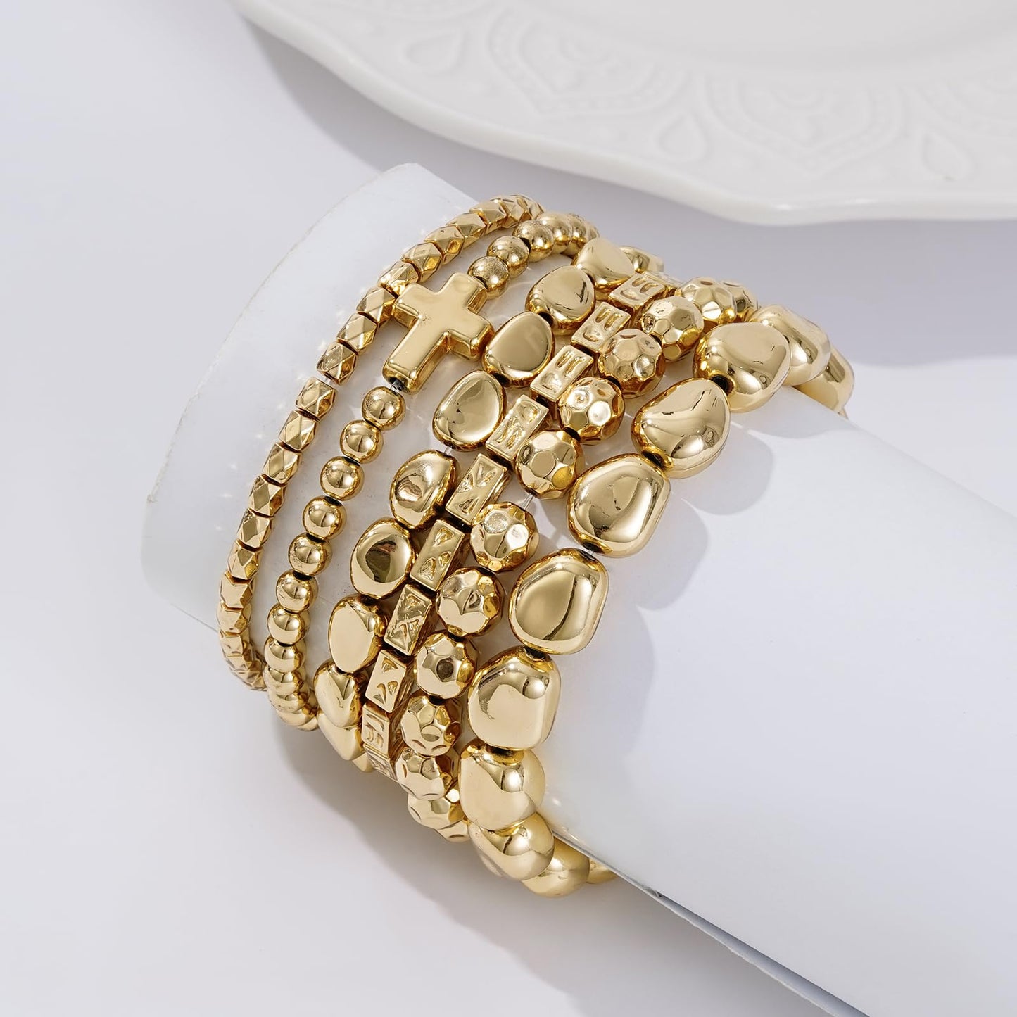 Sajidos Gold Plated Beaded Bracelets for Women Trendy, 14K Gold Plated Stack Cross Pearl Bead Stretch Bracelets Set Elastic Hypoallergenic Bracelets Jewelry Gifts (style15)