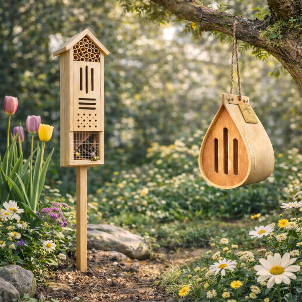Butterfly Garden Pollinator Set – Wooden Butterfly House & Insect Hotel for Bees, Ladybugs & Beneficial Insects, Outdoor Garden Habitat Backyard Garden, Gift Set,