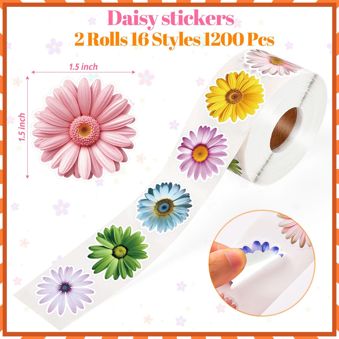 1200 PCS Daisy Stickers Cute Flower Stickers Roll for Kids Sun-Proof Flower Roll Sticker for Scrapbooks, Water Bottle, Present Boxes Decorations (16 Styles)