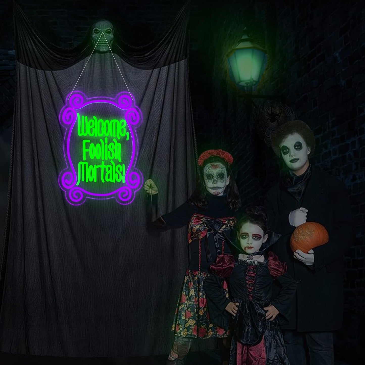 Welcome Foolish Mortals Neon Sign, Haunted Mansion Decor, Halloween Neon Signs for Wall Decor, Dimmable LED Spooky Gothic Coffin Neon Signs, Haunted Mansion Neon Sign for Halloween Party Man Cave (Green)