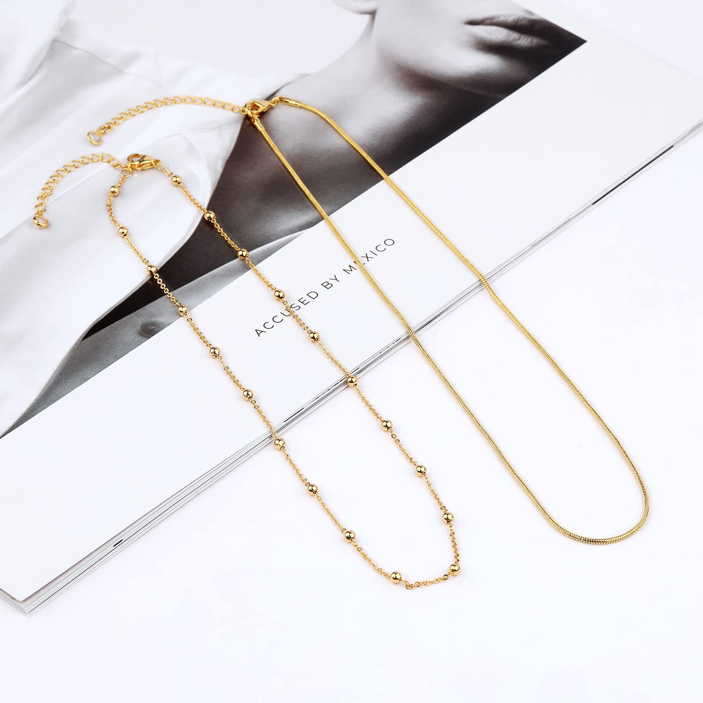 Freekiss Dainty Gold Necklace - Simple Herringbone Choker, 14k Gold Plated Beaded Snake Necklace Gift for Women