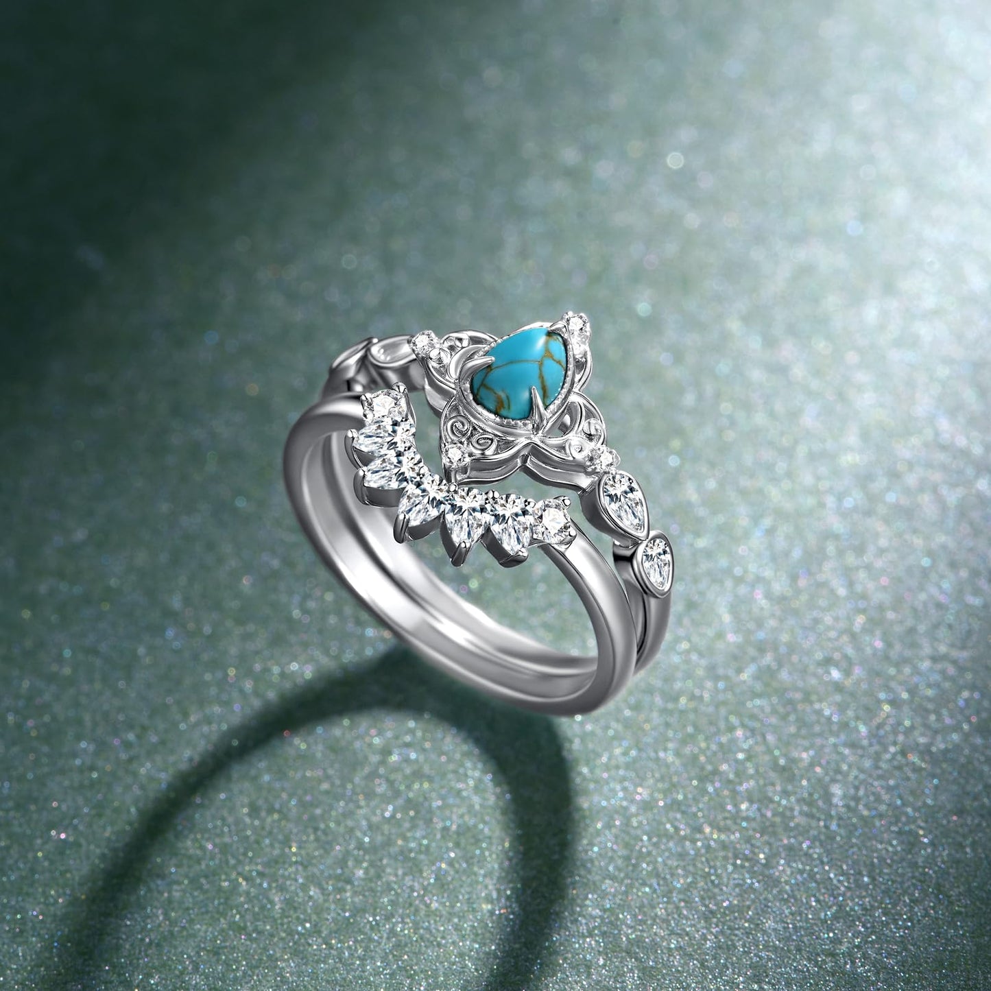 Genuine Turquoise Wedding Ring Set for Women 925 Sterling Silver Engagement Ring Sets Wedding Ring Set Real Turquoise Jewelry for Women (Size 7)