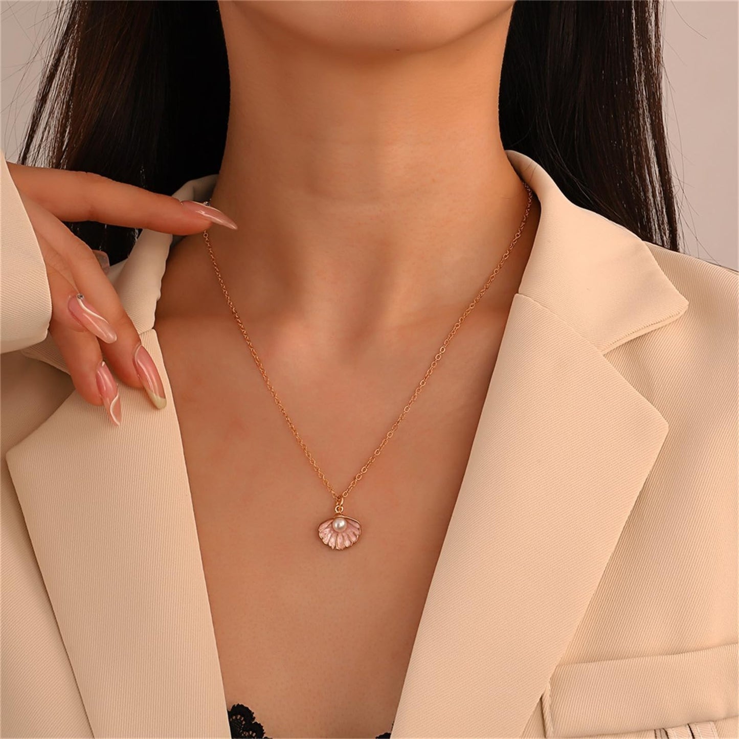 Seashell Pearl Pendant Necklace Gold Plated Boho Enamel Pink Blue Scallop Sea Shell Starfish Ocean Animal Chain Necklace for Women Hawaiian Summer Beach Holiday Fashion Jewelry Gifts (Pink)