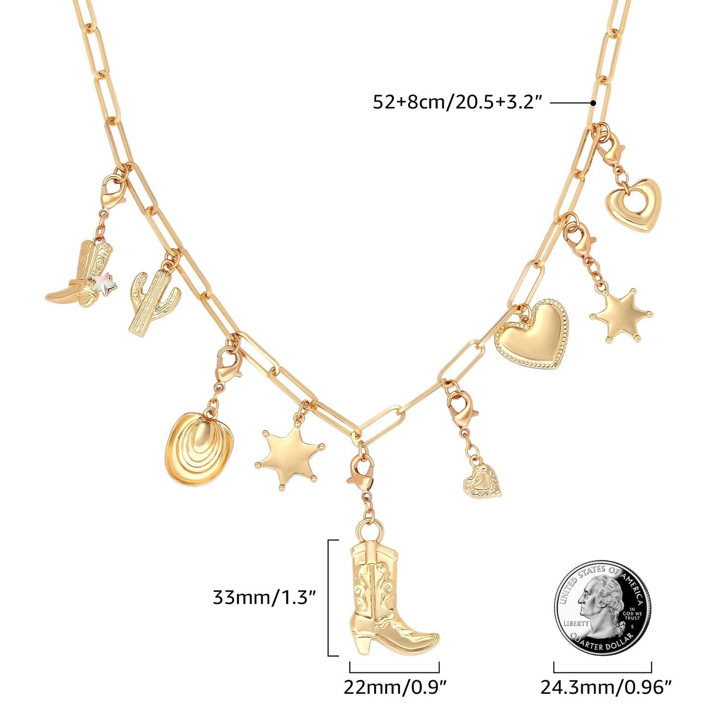 Women's Fashion Vintage Cactus Star Pendant Necklace - Detachable Multi Pendant Boot Charm Dainty Gold Chunky Paperclip Chain Layered Necklace Jewelry Gift for Her (Birthday, Valentine's Day, Christmas)