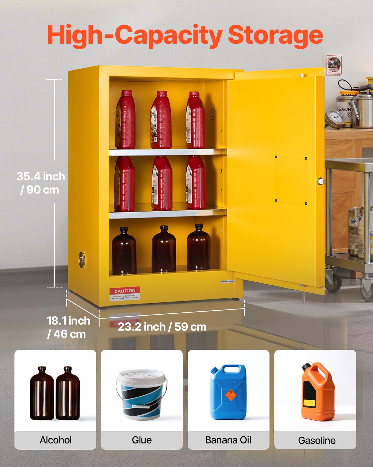 VEVOR Flammable Cabinet 18" x 24" x 65", 13 Gallon Flammable Storage Cabinet with Adjustable Shelf, Cold-Rolled and Galvanized Steel Fire Cabinets, for Commercial Industrial Home Use, Yellow