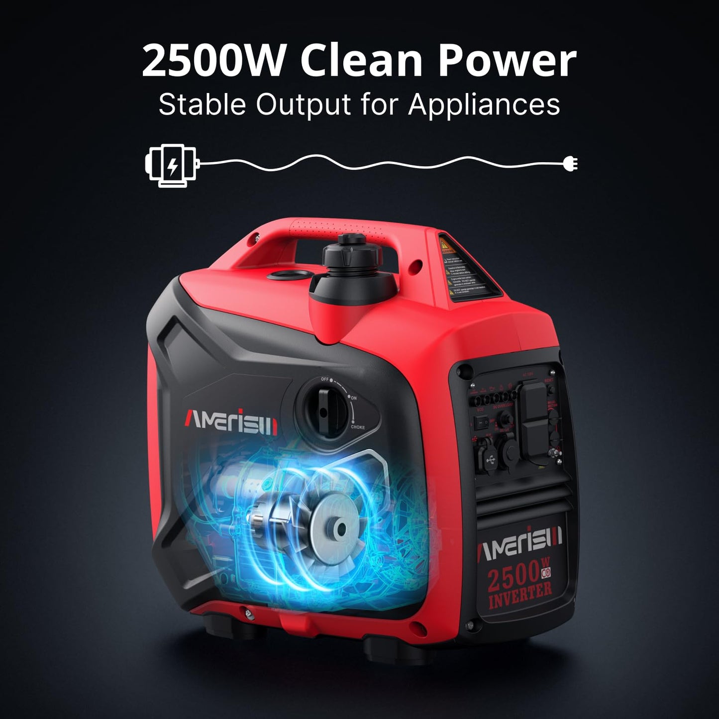 AMERISUN 2500W Portable Inverter Generator, Gas Powered Generator with CO Sensor, 11H Runtime, 120V AC/12V DC/USB, Quiet, Lightweight for Outdoor, Home Backup, RV, Camping & Emergency Power