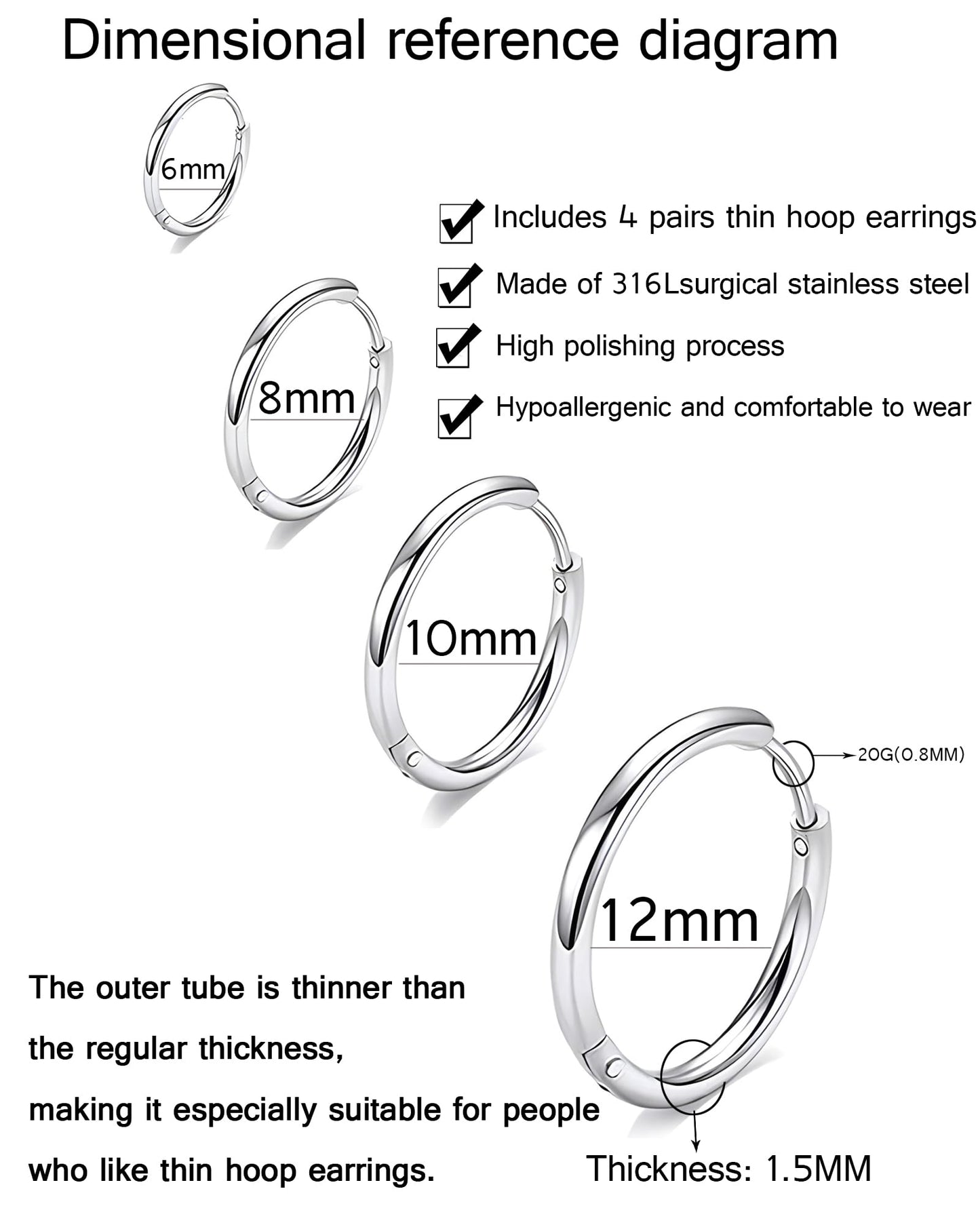 316L Surgical Stainless Steel Small Silver Hoop Earrings 6mm 8mm 10mm 12mm Hypoallergenic Earrings Hoop Cartilage Helix Lobes Hinged Sleeper Earrings For Men Women