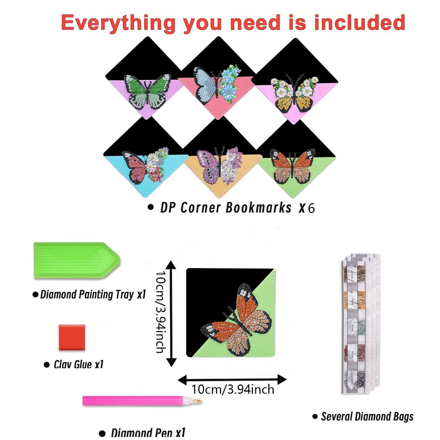 DDGYP 6 PCS Diamond Art Bookmarks, 3.94X3.94 Inch PU Leather DIY Corner Bookmarks with Butterfly & Flower Patterns, Diamond Painting Kits for Adults Book Lovers Home Reading Craft Gift