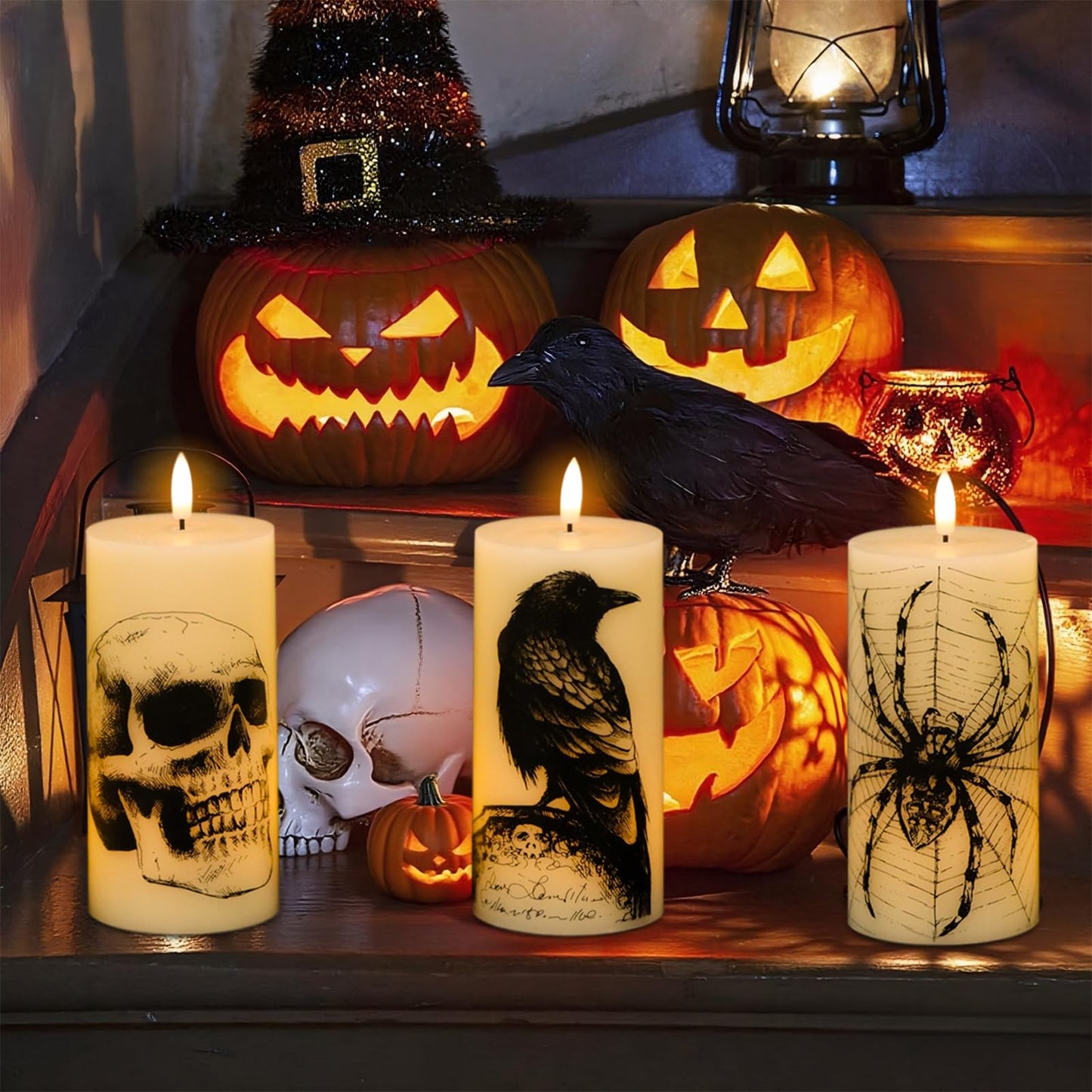 DRomance Halloween Flameless Candles Battery Operated with Remote and Timer, Real Wax 3D Wick LED Flickering Pillar Candles Skull Crow Spider Web Decals Dinner Halloween Decor(3 Pack, 3" D x 6"" H)"