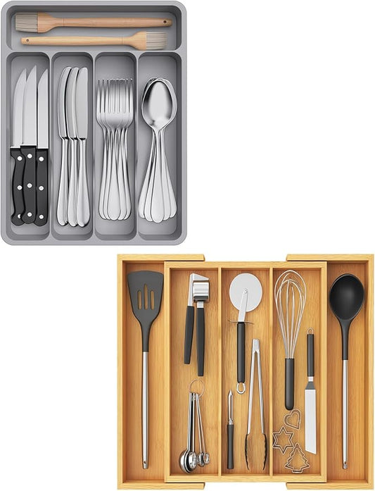 Lifewit Silverware Drawer Organizer Tray, Bamboo Cutlery Silverware Flatware Holder,Flatware and Utensil Holder Divider for Spoons Forks Knives Tableware