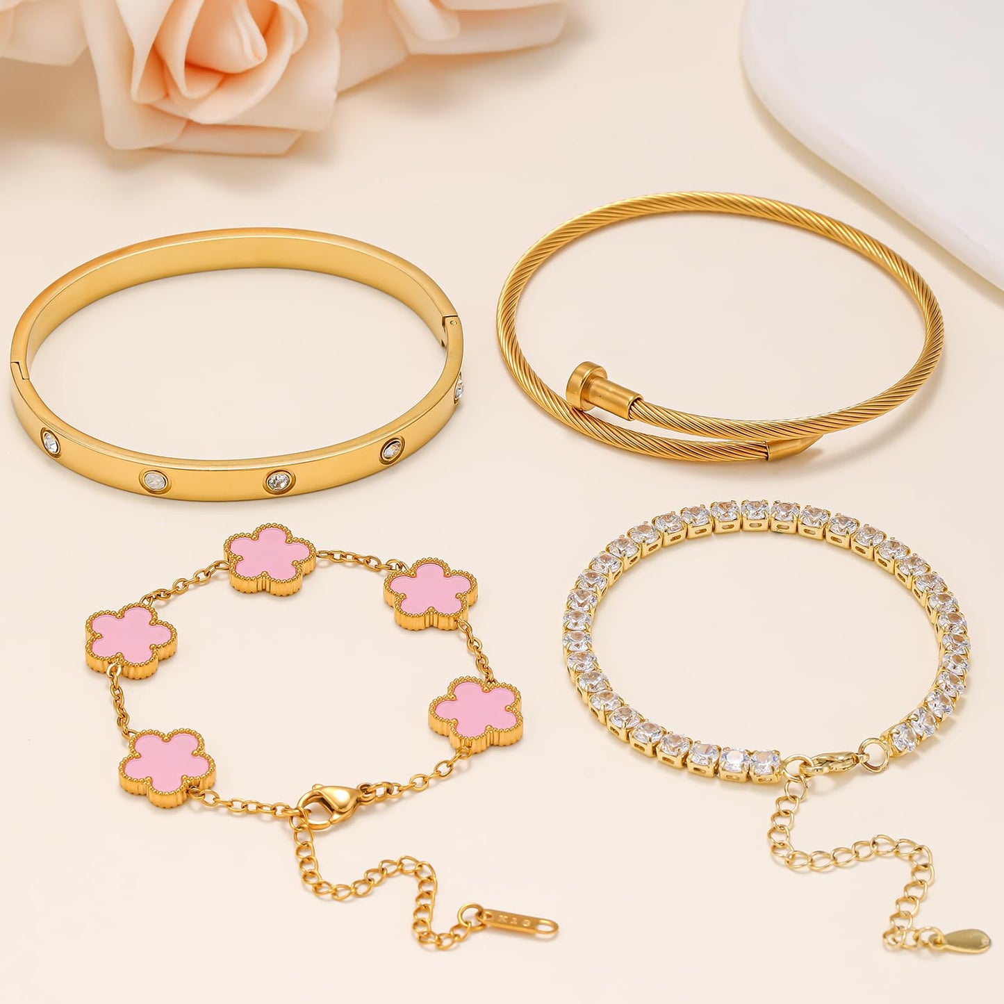 Gold Bracelets for Women, 18K Gold Plated Women Tennis Bracelets Clover Nail Love Bangle Bracelet Set, Gold Bracelet Stackable Set Trendy Jewelry, Gifts for Women's Day and Mother's Day (02-Color-pink)