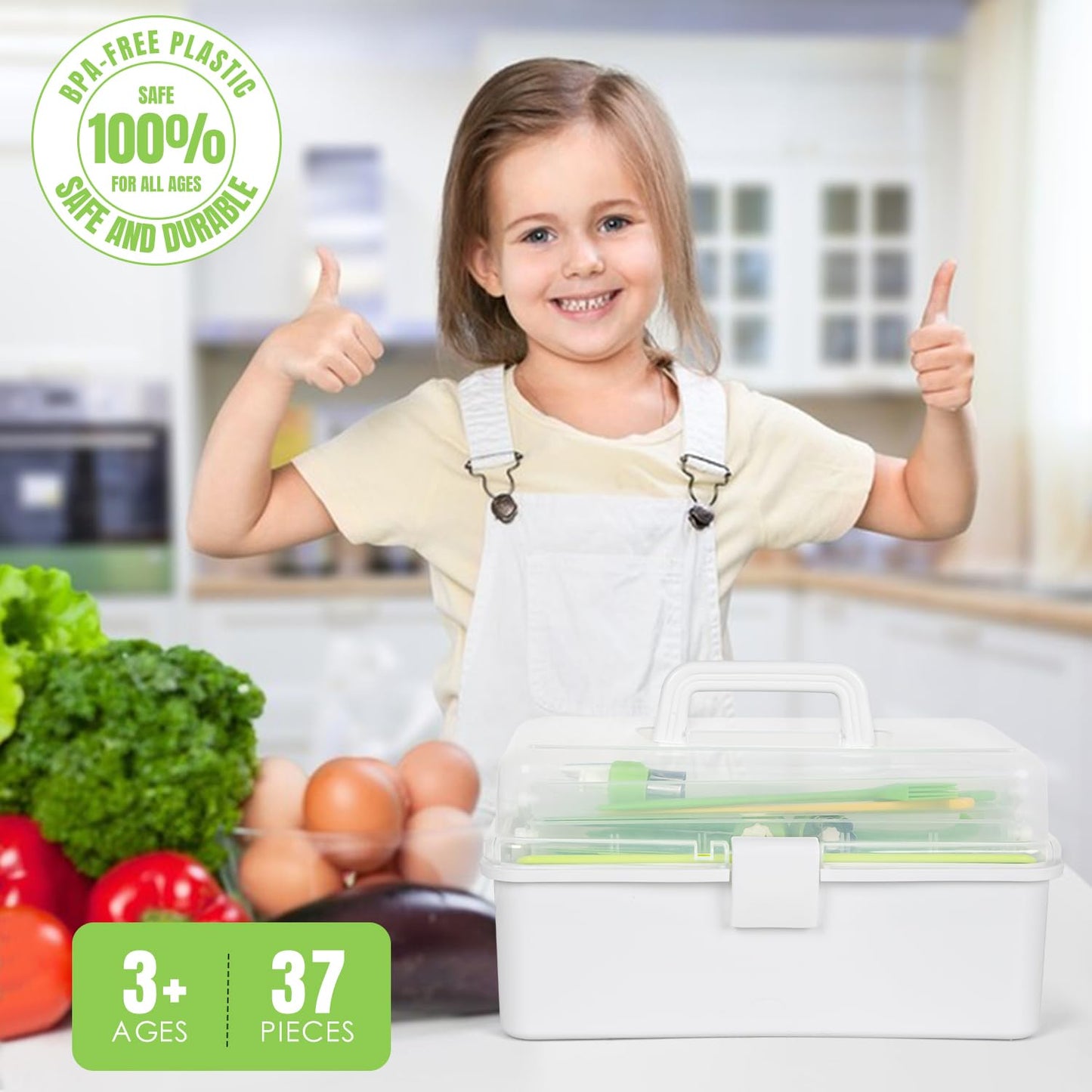37PCS Kids Cooking Sets Real, Kids Cooking and Baking Gift Set with Storage Case Timer Kid Safe Knives Cutting Board, Toddler Real Kitchen Accessories, Birthday Gifts for Girls & Boys Age 3 - 8