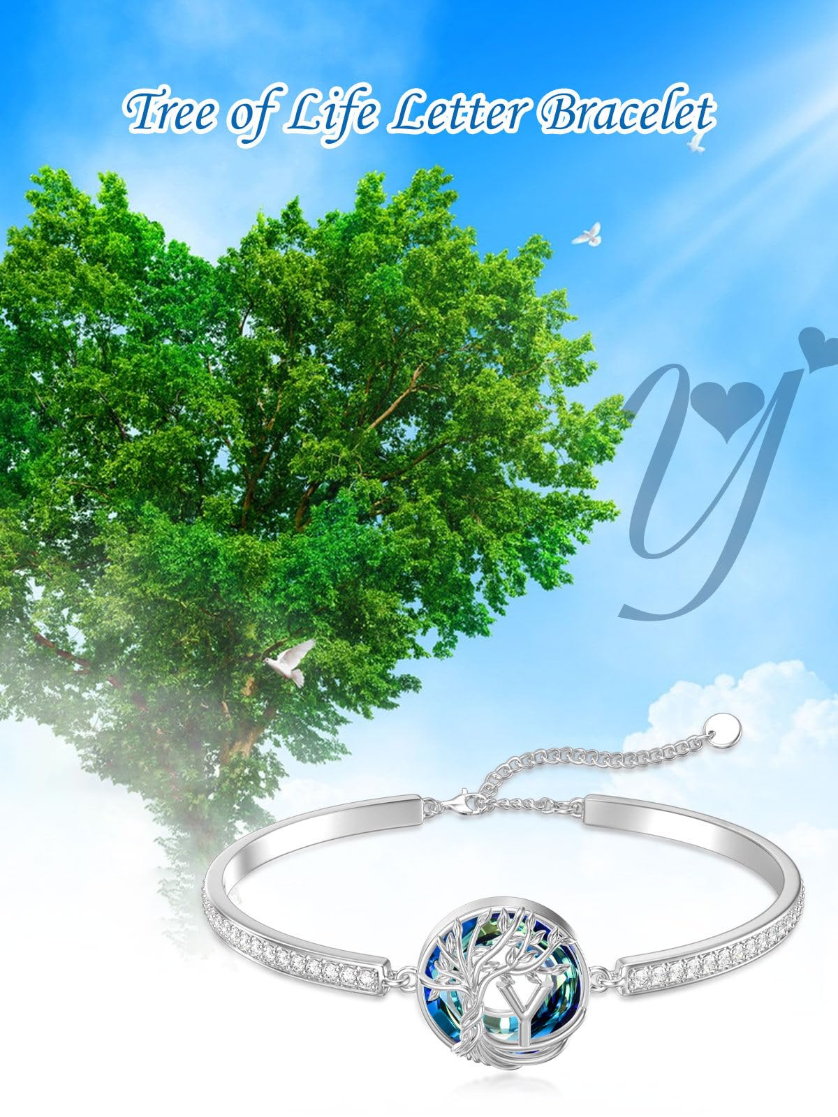 TOUPOP Tree of Life Bracelet Sterling Silver Initial Y Letter Bangle Bracelet Family Tree Blue Crystal Jewelry Mothers Day Birthday Gifts for Women Mom Wife