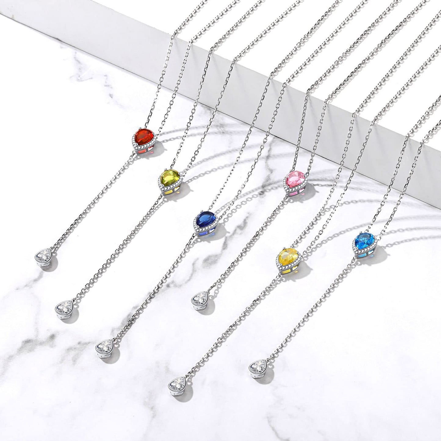FOCALOOK 925 Sterling Silver CZ Teardrop Lariat Necklace 16"-18" Y Drop Adjustable Birthstone Necklaces Christmas Gift for Women