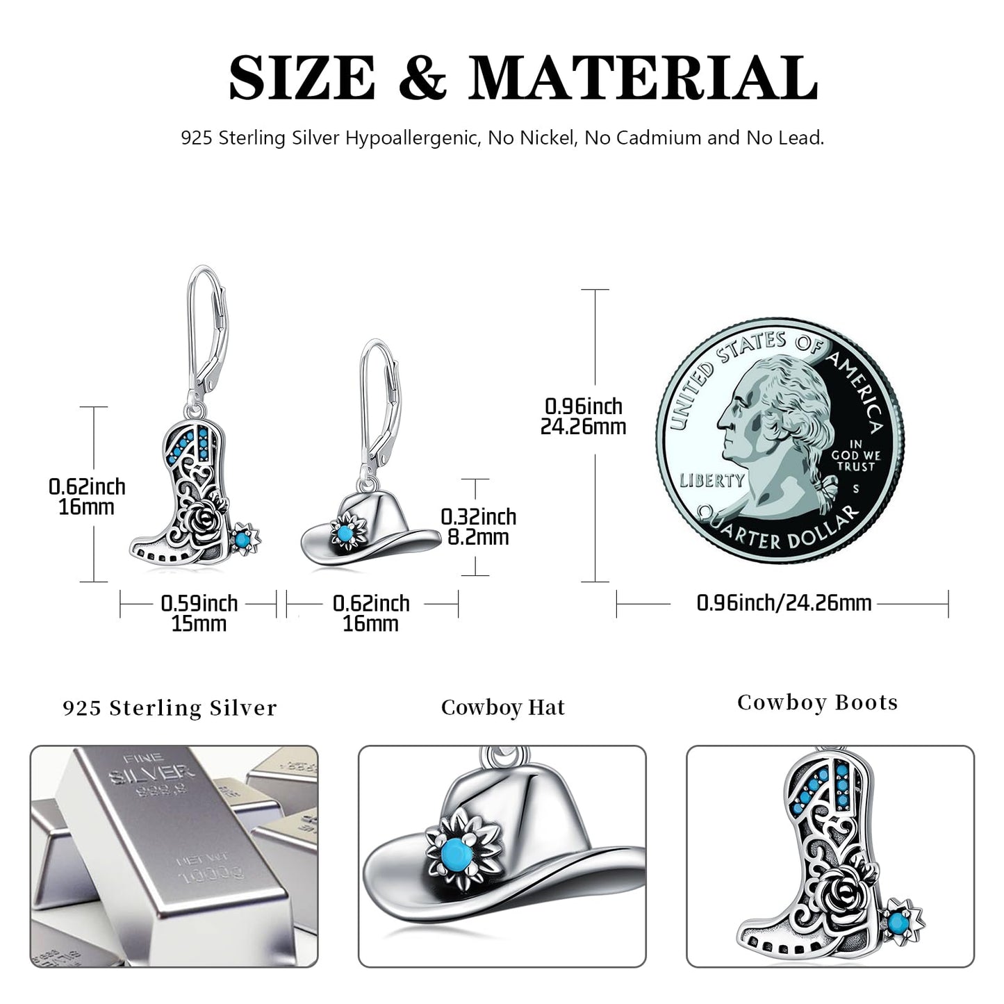KoyeKei Cowboy Boot Earrings for Women 925 Sterling Silver Cowgirl Hat Texas Boot Dangle Drop Leverback Earrings Western Turquoise Jewelry Country Boho Gifts for Daughter Wife Girlfriend