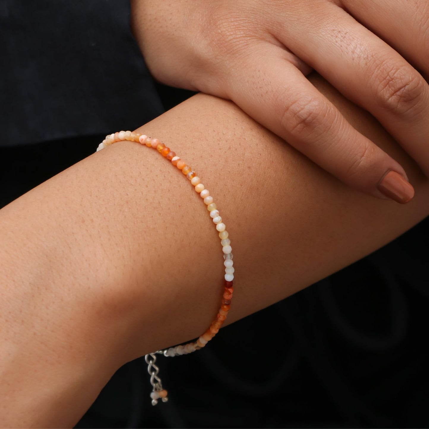 Gempires Handmade Mexican Fire Opal Gemstone Beaded Bracelet for Women | 2.4–2.5 mm Faceted Natural Stone | Adjustable 7+1 Inch Silver Plated Chain | Dainty Minimalist Stacking Jewelry | October Birthstone Gift