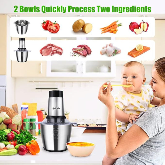 Qinkada Food Processor, 2 Stainless Steel Bowls, 14Cup, 500W Powerful Electric Meat Grinder, 3 Speed Modes 4 Bi-Level Blades for Onion, Meat, Nuts, Fruit, Garlic, Vegetable, Baby Food