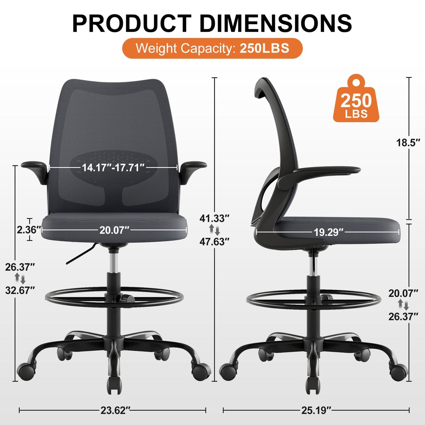 BERYTH Tall Office Chair for Standing Desks,High Desk Drafting Chair with Adjustable Footrest Ring,Ergonomic Lumbar Support,Flip-Up Armrests for Home Office,Grey