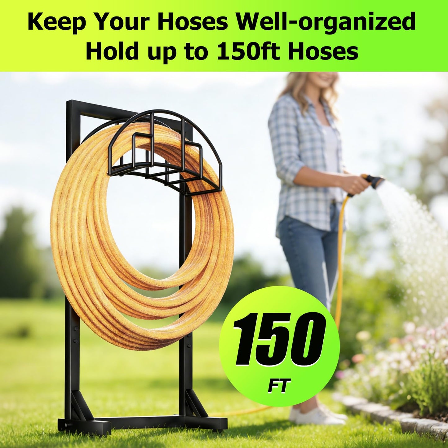 TKYHRMAS Garden Hose Holder, Detachable Metal Water Hose Holder for Outside, Heavy Duty Freestanding Hose Hanger Stand Hold Up to 150FT
