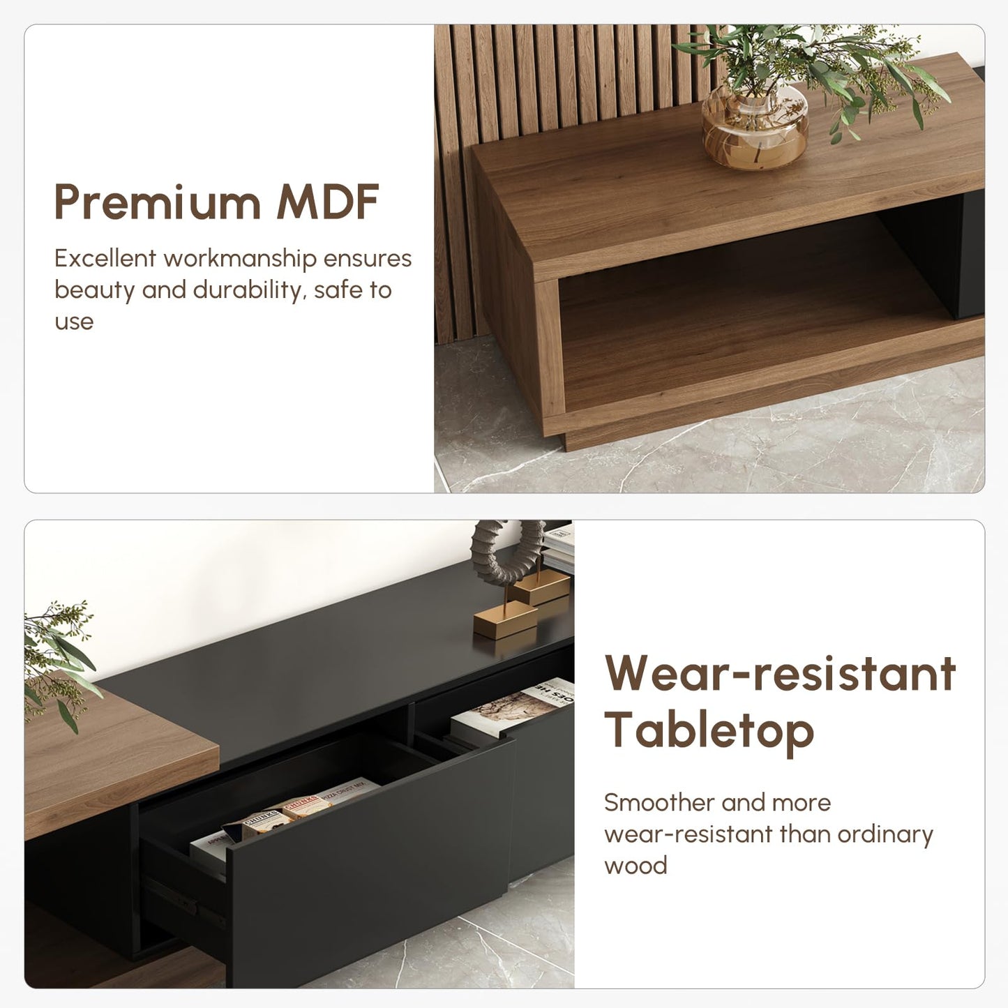 homary Modern Mid-Century Coffee Table and TV Stand Set of 2, Extendable Entertainment Center Set for Living Room (Black & Walnut)