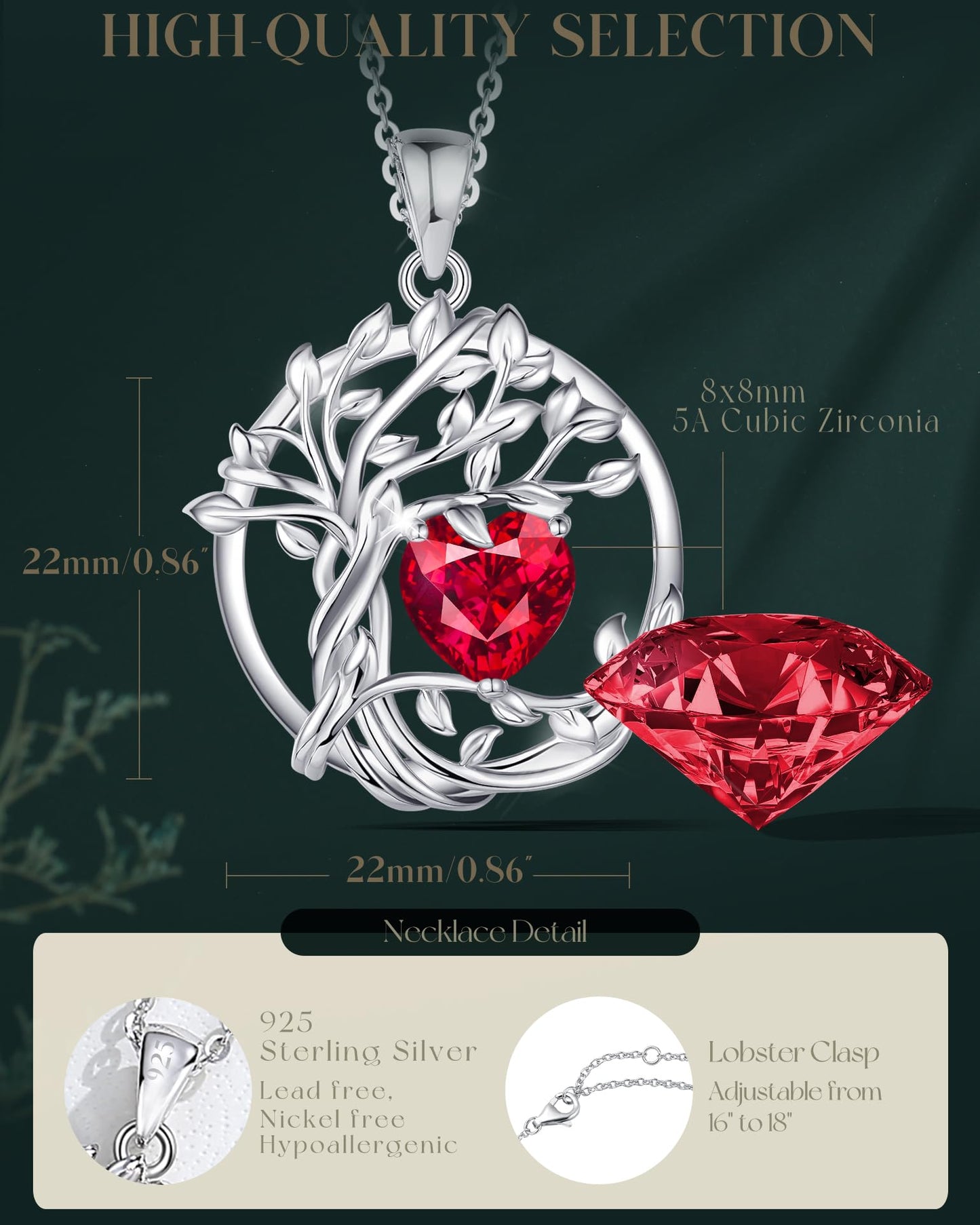 FANCIME Tree of life July Birthstone necklace for women Sterling Silver Tree Jewelry Ruby Pendant Red Gemstone Anniversary Birthday Christmas Gifts for Wife Mom Her
