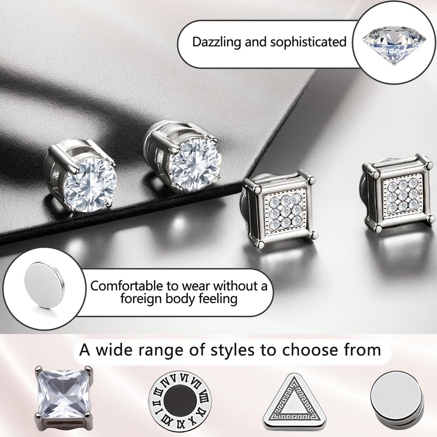 6 Pairs Magnetic Stud Earrings for Men 6MM Stainless Steel Clip on Magnet Earring Inlaid Cubic Zirconia,Non Piercing CZ Magnet Studs Diamond Earrings for Women Men
