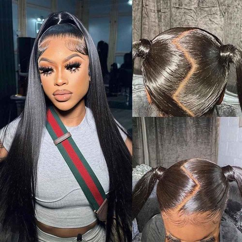 QTIKER Full Lace Human Hair Wigs Transparent Lace Silky Straight Whole Lace Cap Remy Hair Extension Pre Plucked Glueless Free Parting Wig (10inch, Straight)