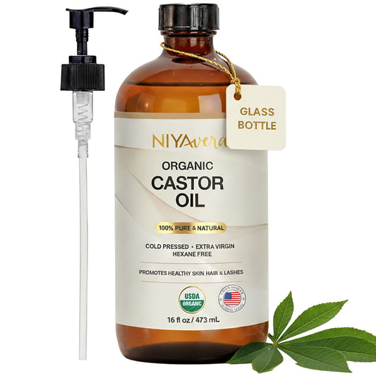 terravera Niyavera Organic Castor Oil USDA Certified 16oz - 100% Pure Golden Cold Pressed Unrefined Hexane Free for Hair Growth, Eyelashes, Eyebrows, Skin - Glass Bottle with Pump