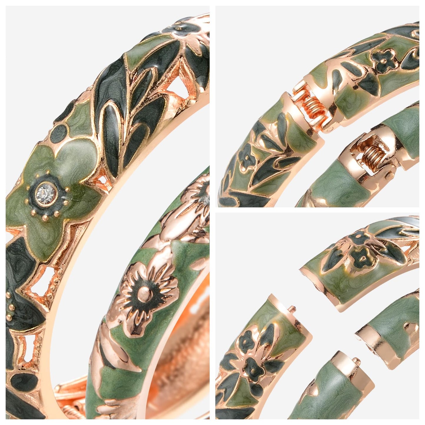 UJOY Cloisonne Bangle Colorful Enamel Golden Filigree Flower Hollowed Crystal Bracelet for Women Gifts 88A11-55A103 Green