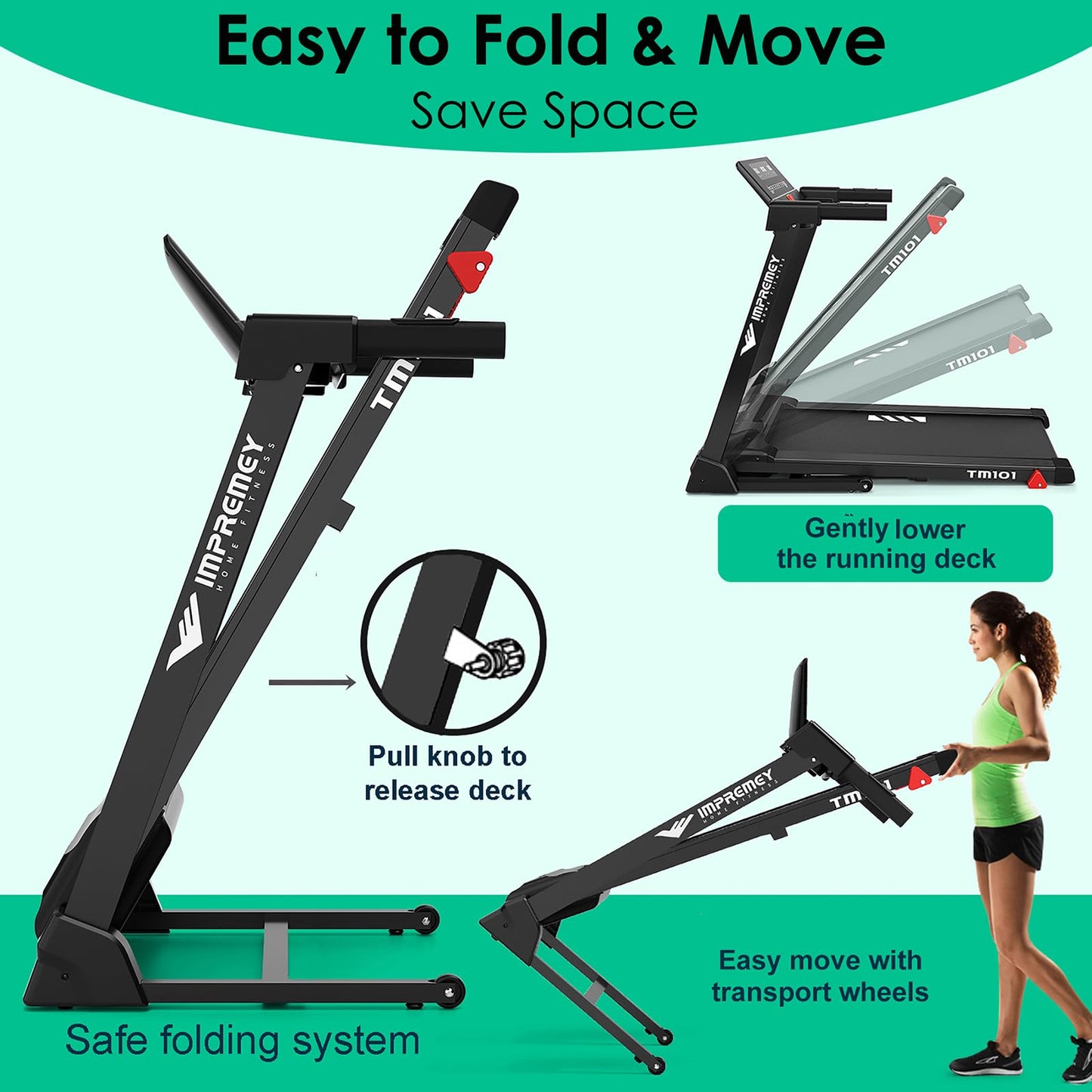 Impremey Folding Treadmill with Incline, Electric Treadmill with 42” x 16” Large Running Belt, Heart Rate Monitor, Easy Assembly, 64 Preset Programs, 7.5 Mph Speed, 2.5HP, Compact Design for Home