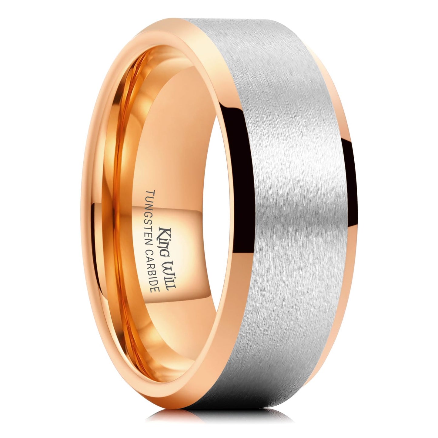 King Will 8mm Classic Tungsten Rings for Men Two-Tone Mens Wedding Bands Simple Engagement Promise Ring Matte Brushed Beveled Edges Comfit Fit Durable, Silver & Rose Gold Plated Size 11