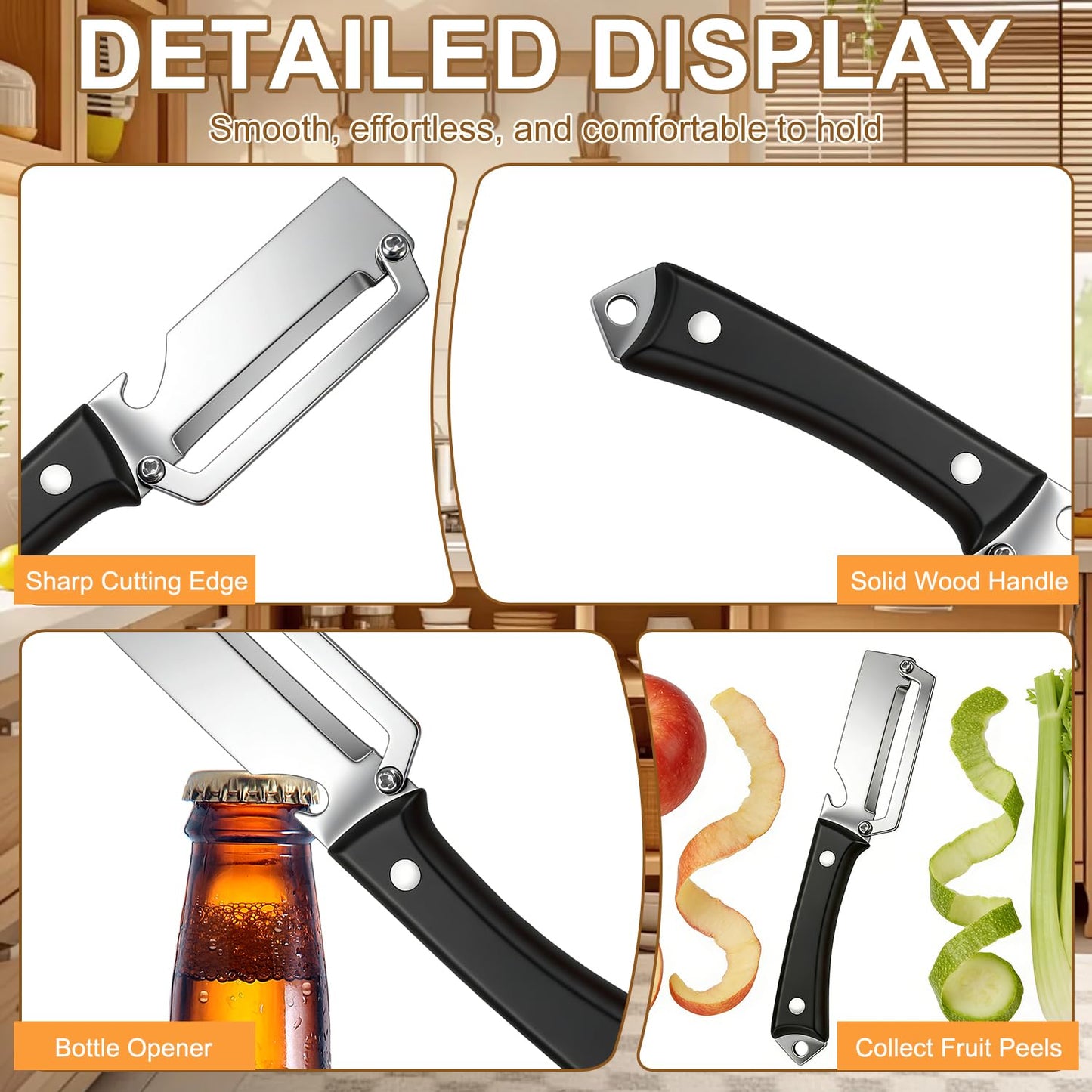 2PCS Premium Vegetable Peeler with Wooden Handle and Bottle Opener, 2026 New Multifunctional 2-in-1 Stainless Steel Kitchen Tool, Contour-Flow for Camping Apple Potato Pumpkin Papaya Peeling (Mix)