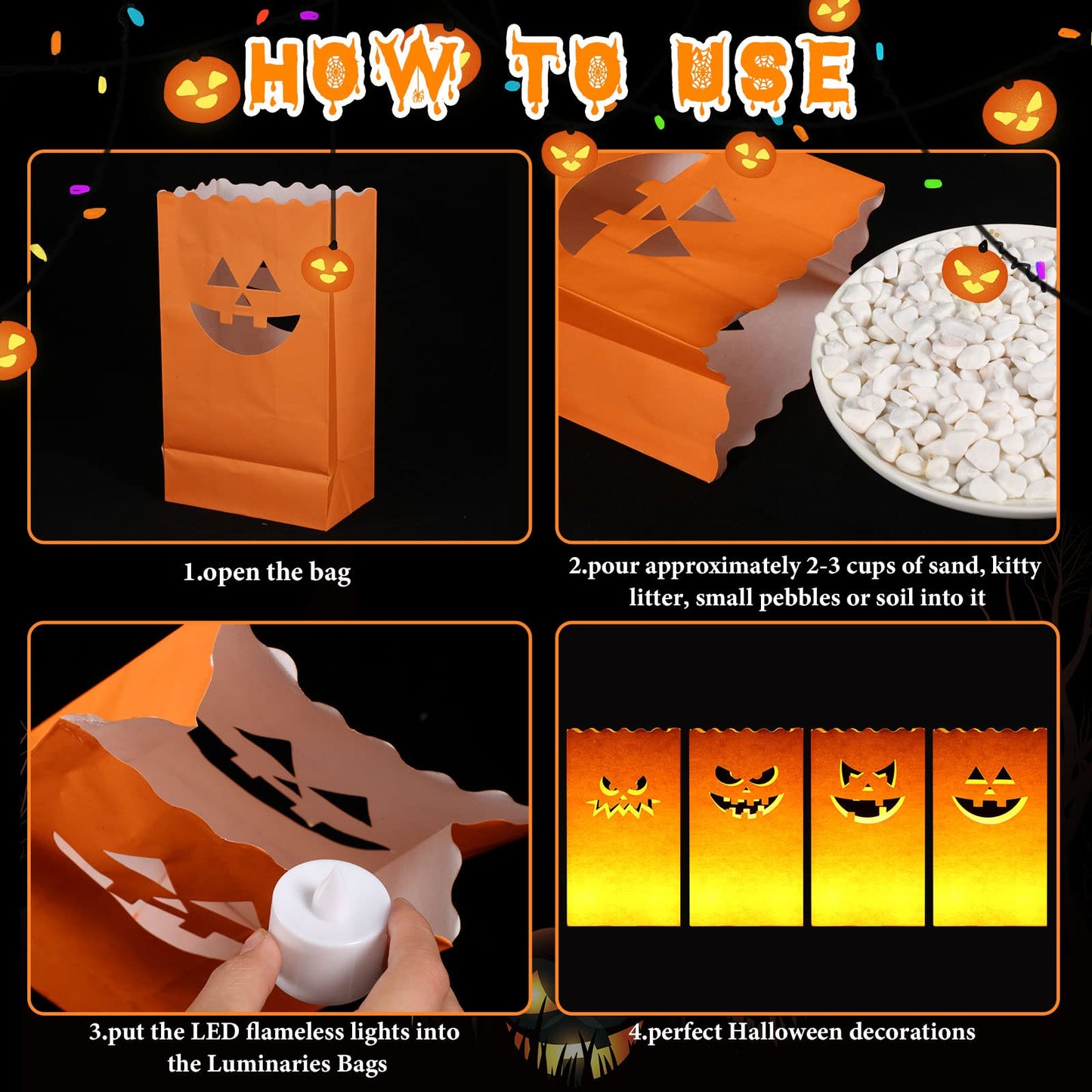Meanplan 48 Pcs Halloween Luminary Bags with LED Light Candles Set 24 Pcs Luminary Candle Bags 24 Pcs LED Tealight Candles Ghost Lantern Bags for Halloween Outdoor Indoor Patio Decorations (Classic)