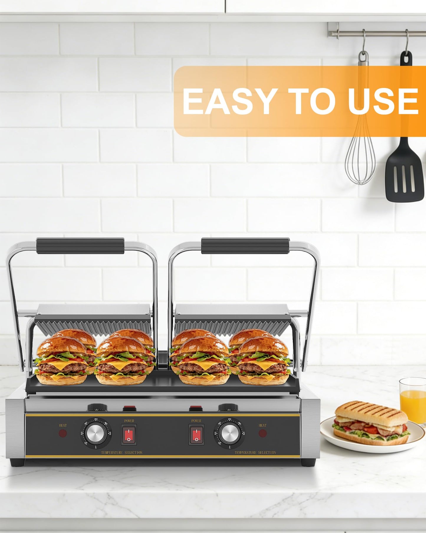 HTTSICHI Commercial Panini Press - 3600W Electric Sandwich Panini Maker, Stainless Steel Double Sandwich Grill w/Nonstick Coating & Temp Control, 19x9 in Plate for Hamburger Steak Bacon