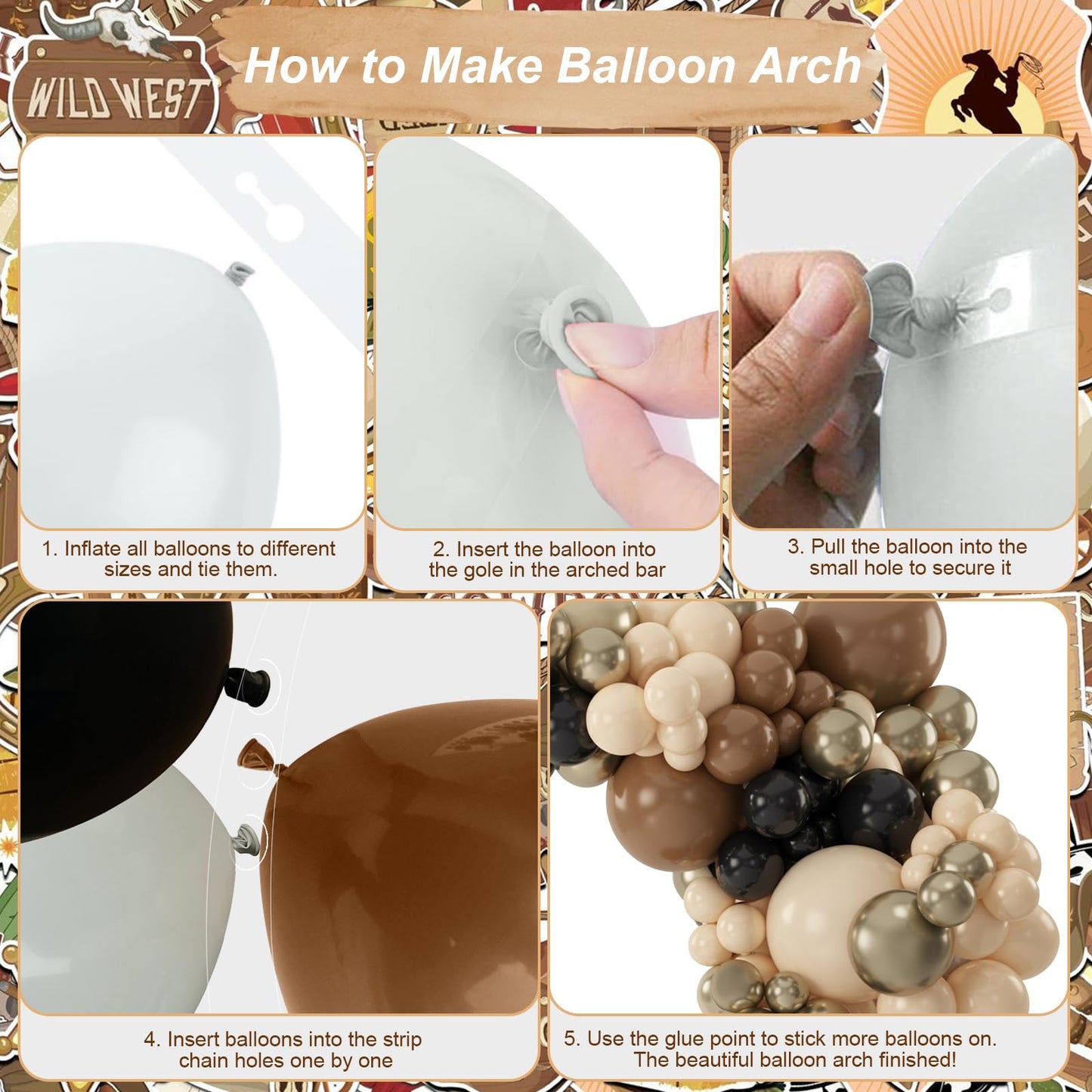 Brown and Black Balloon Garland Arch Kit, Nude Dark Brown Tan Black Gold White Sand Latex Party Balloons for Cowboy Western Wild West First Rodeo Country Farm Baby Shower Birthday Party Decorations