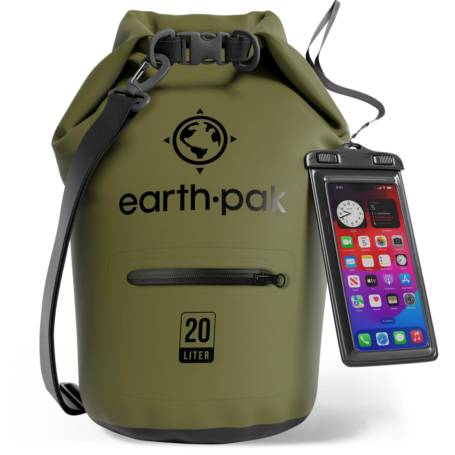 Earth Pak Waterproof Dry Bag with Zippered Pocket - Waterproof Dry Bag Backpack Keeps Gear Dry for Boating, Camping, Fishing, Beach Drybag, Kayak Accessories - Dry Bags Waterproof with Phone Case 20L