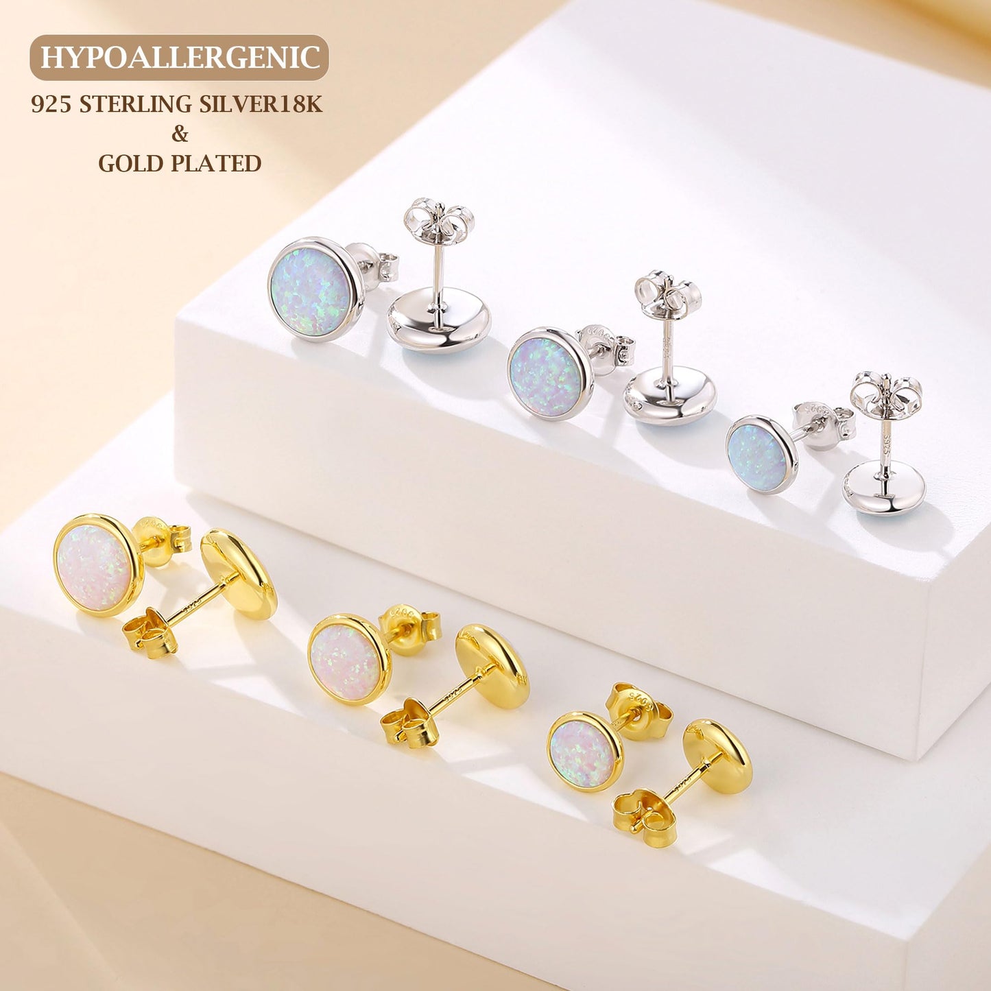 Opal Stud Earrings for Women Men, 925 Sterling Silver Hypoallergenic Earrings, Round & Oval Bezel Set Created Opal, Multi-Color Jewelry Gift (White/Red/Blue/Green)