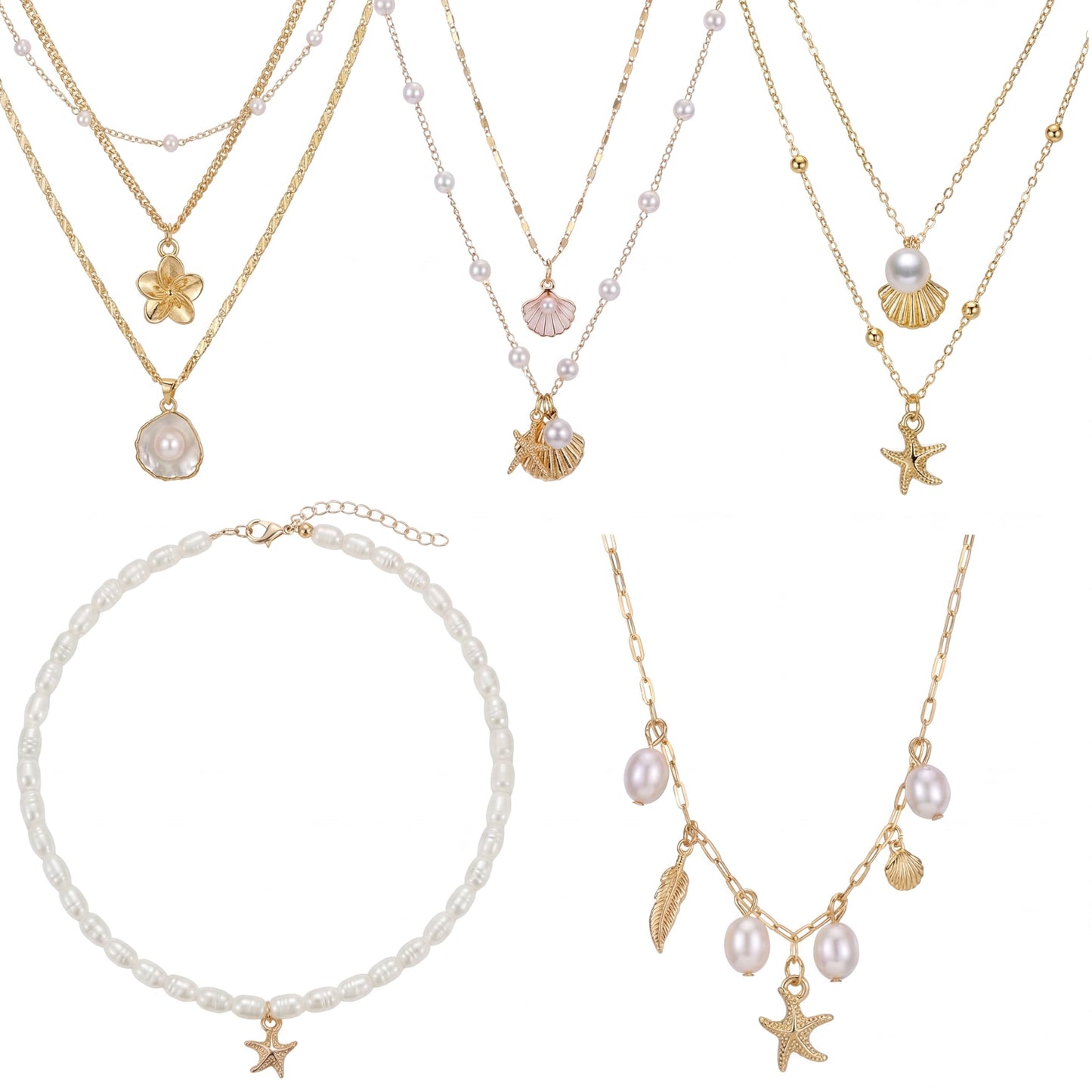 Unittype 9 Pcs Shell Necklace for Women Summer Beach Jewelry Pearl Choker Gold Sea Shell Scallop Starfish Necklaces Ocean Tropical Vacation Necklaces Beach Charm Jewelry Gift Set for Teens Girls