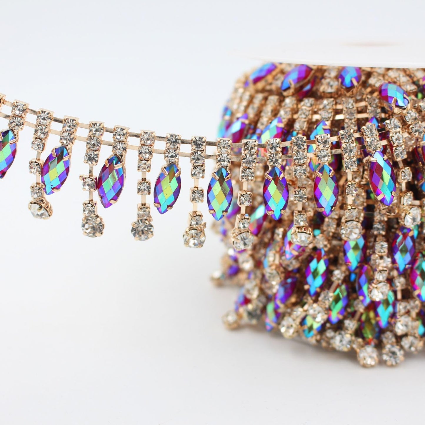 PEARLY JUN 2 Yards Rhinestone Trim Chain Crystal AB Gold Fringe Sewing Dress DIY Party Wedding Bouquet for Decoration Bridal Costume Embellishment Clothing Accessories